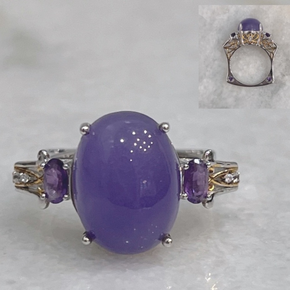 Burmese Purple Jade Multigemstone YG and Sterling Cocktail Statement Ring Sz 8 - Picture 1 of 13